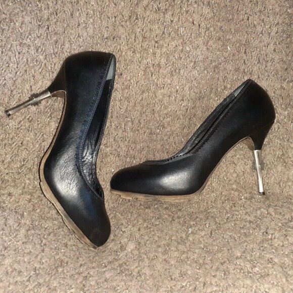 DIESEL BLACK LABEL-Black Leather Scallop Edge Pumps-Steel Spur Heel-Sz 38-EX - Picture 1 of 8